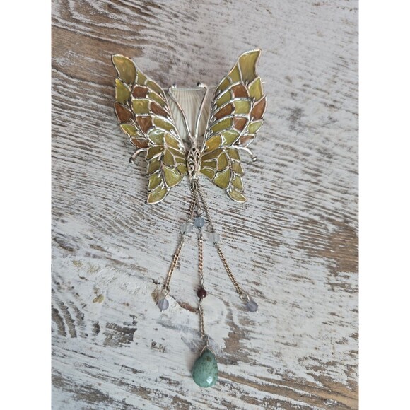 Jewelry - Enamel Butterfly Brooch With Dangle Beads Gold Tone Marked Figural Pin #187